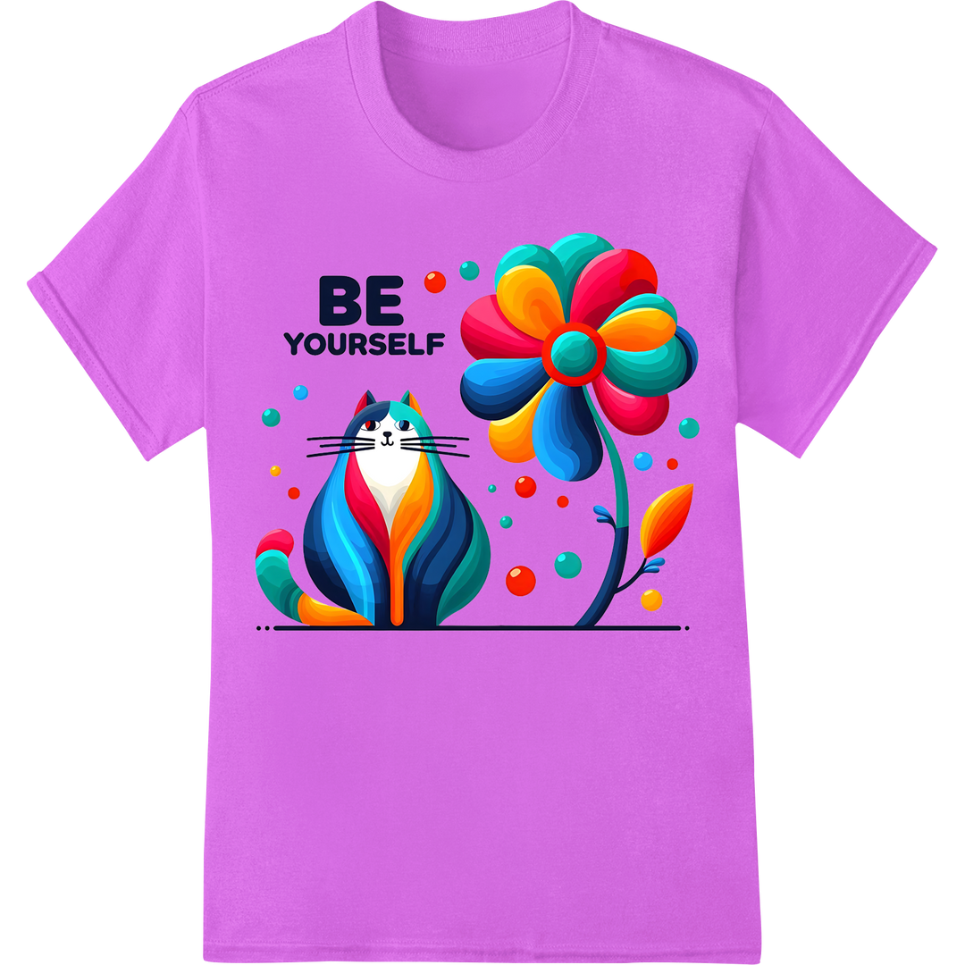 Embrace Your True Self: Vibrant Be Yourself Cat DTF Print on purple shirt - SUPERDTF-DTF Prints-DTF Transfers-Custom DTF Prints