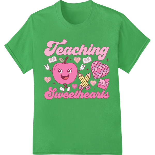 Retro Apple Hearts: Adorable Valentine's Teacher DTF Print on green shirt - SUPERDTF-DTF Prints-DTF Transfers-Custom DTF Prints