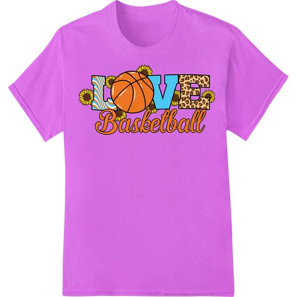 Bold 'LOVE basketball' DTF Print Heat Transfer Design on purple shirt - SUPERDTF-DTF Prints-DTF Transfers-Custom DTF Prints