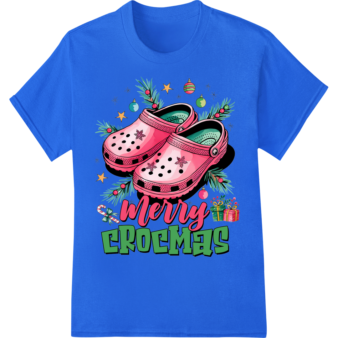 Festive 'Merry CROCMAS' Nurse Christmas DTF Print Transfer on blue shirt - SUPERDTF-DTF Prints-DTF Transfers-Custom DTF Prints