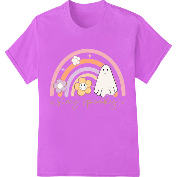 A cute ghost design with the text 'Stay Spooky' perfect for Halloween DTF print heat transfers on t-shirts and apparel.