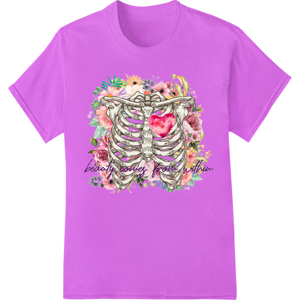 Skeleton and floral design direct-to-film heat transfer print for custom t-shirt printing and apparel decoration.