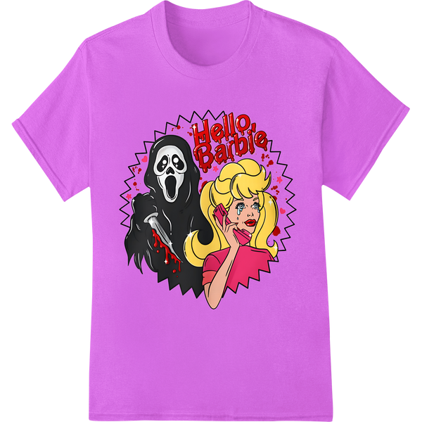 Creepy Cartoon: Hello Barbie's Terrifying Halloween Twist on purple shirt - SUPERDTF-DTF Prints-DTF Transfers-Custom DTF Prints