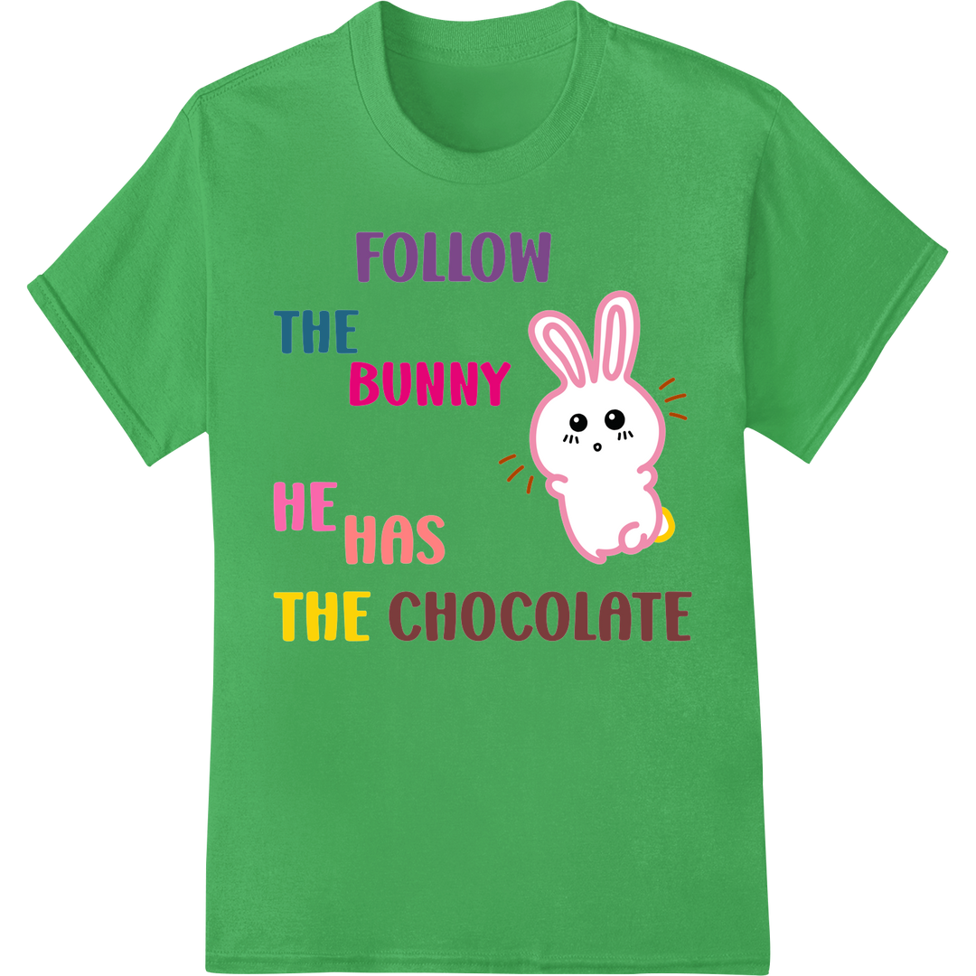 Hoppy Easter: Follow the Bunny for Chocolate Fun DTF Print on green shirt - SUPERDTF-DTF Prints-DTF Transfers-Custom DTF Prints