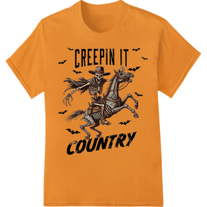 Creepy Cowboy Skeleton: Ride into Halloween Style showcasing advanced DTF heat transfers technology