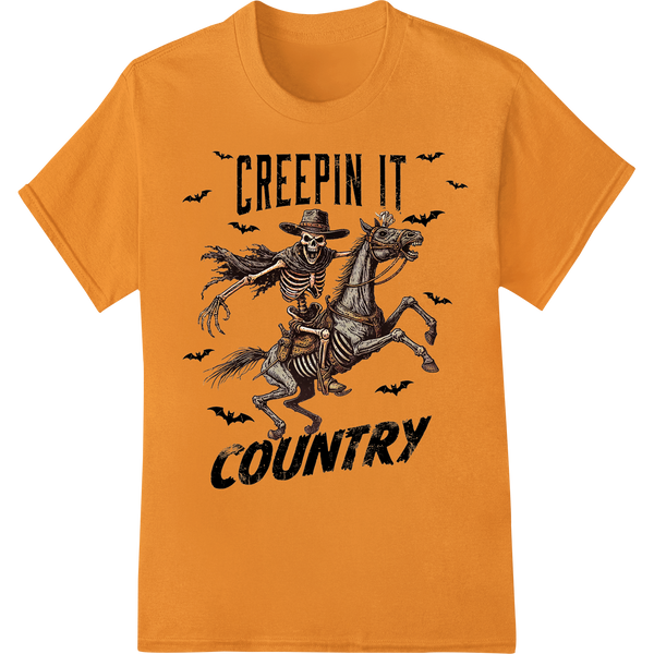 Creepy Cowboy Skeleton: Ride into Halloween Style on orange shirt - SUPERDTF-DTF Prints-DTF Transfers-Custom DTF Prints