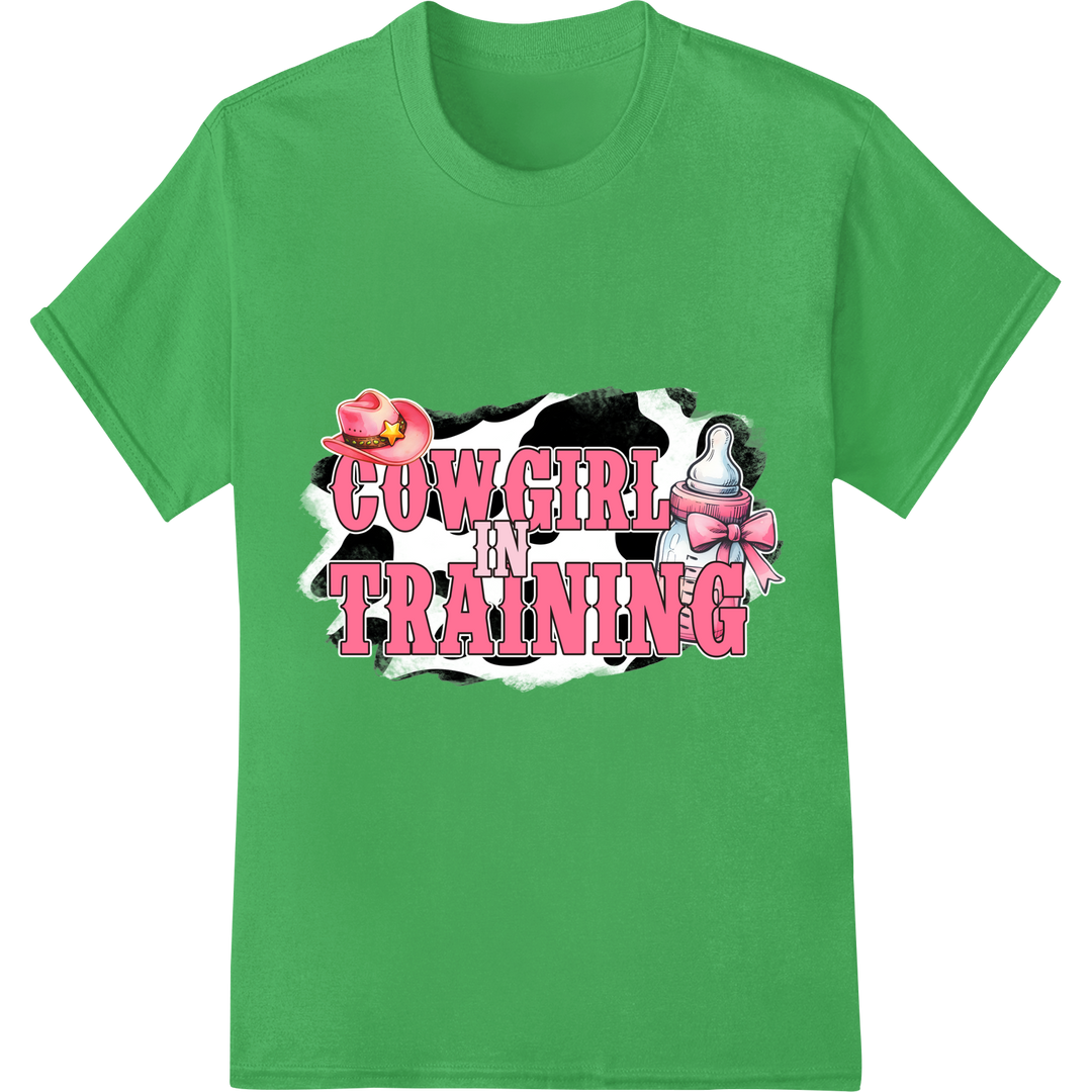 Adorable 'Cowgirl in Training' Pink DTF Transfer Print on green shirt - SUPERDTF-DTF Prints-DTF Transfers-Custom DTF Prints