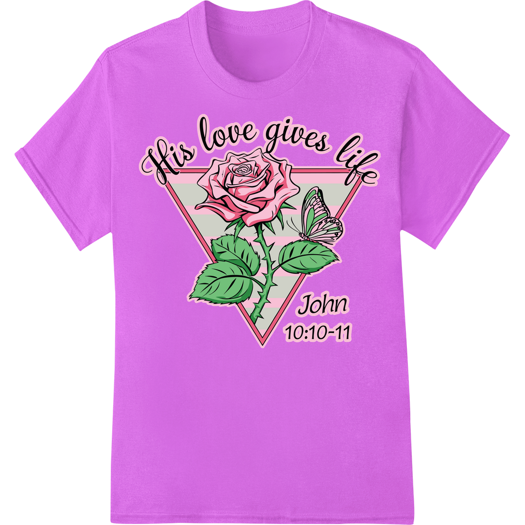 Inspirational Rose Religious DTF Heat Transfer John 10:10-11 on purple shirt - SUPERDTF-DTF Prints-DTF Transfers-Custom DTF Prints