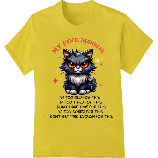 Sarcastic Cat's Five Moods - Funny DTF Print Heat Transfer on yellow shirt - SUPERDTF-DTF Prints-DTF Transfers-Custom DTF Prints