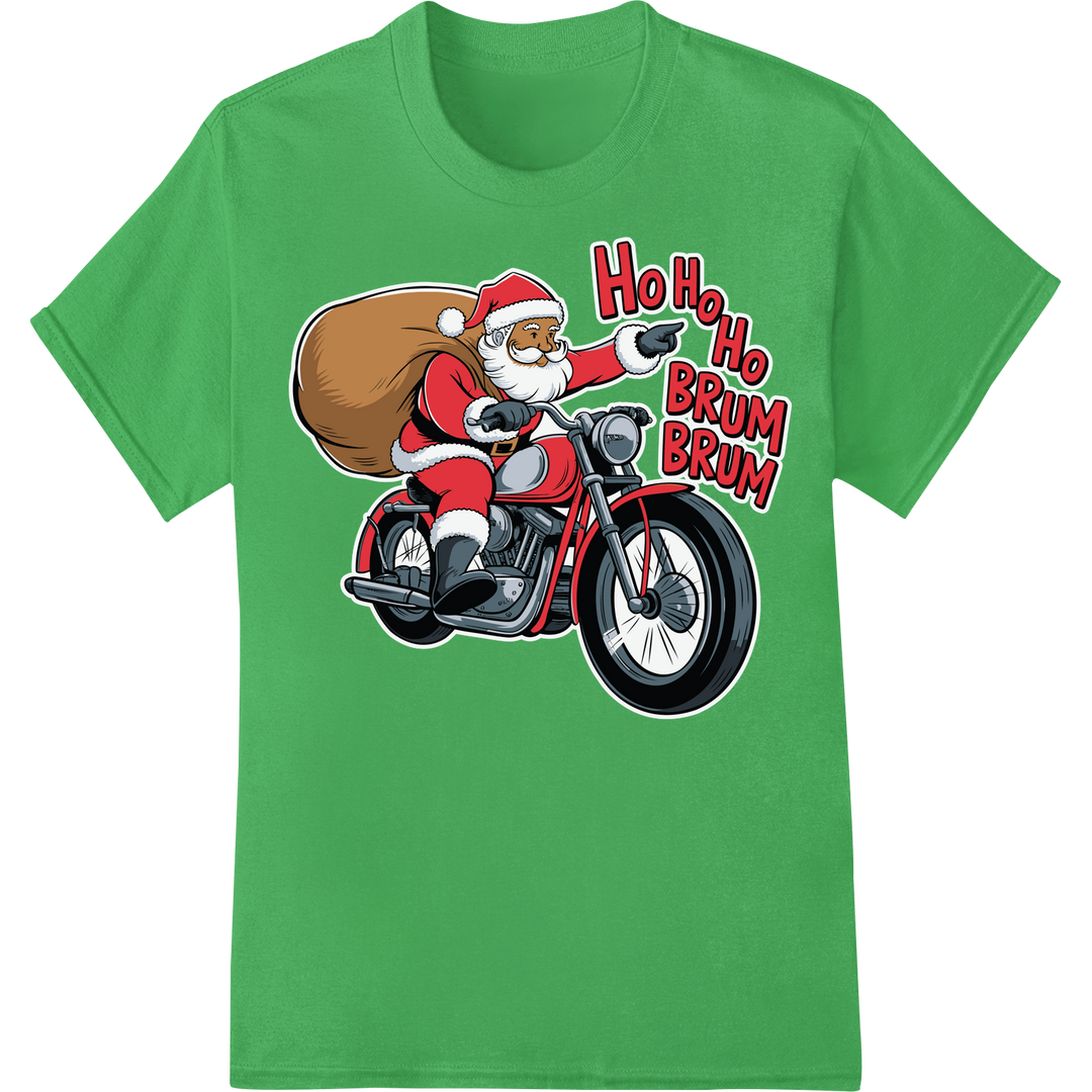 Rev Up Your Holiday with Naughty Biker Santa DTF Print on green shirt - SUPERDTF-DTF Prints-DTF Transfers-Custom DTF Prints