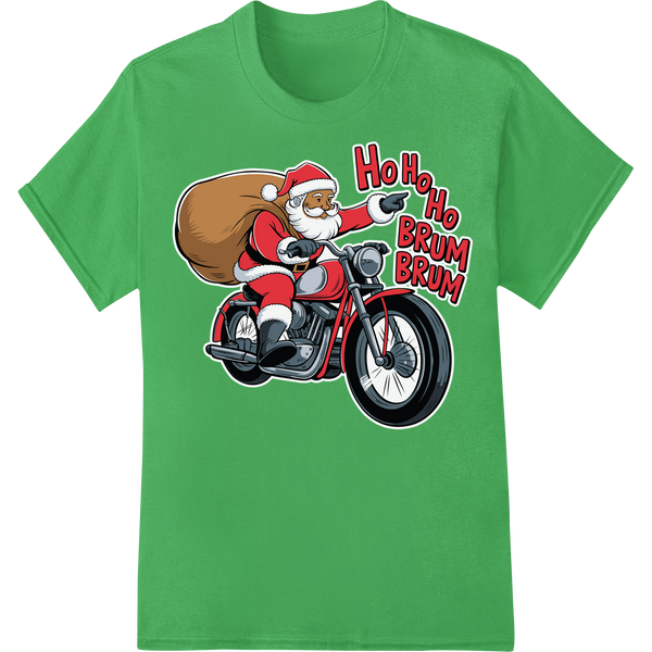 Rev Up Your Holiday with Naughty Biker Santa DTF Print on green shirt - SUPERDTF-DTF Prints-DTF Transfers-Custom DTF Prints