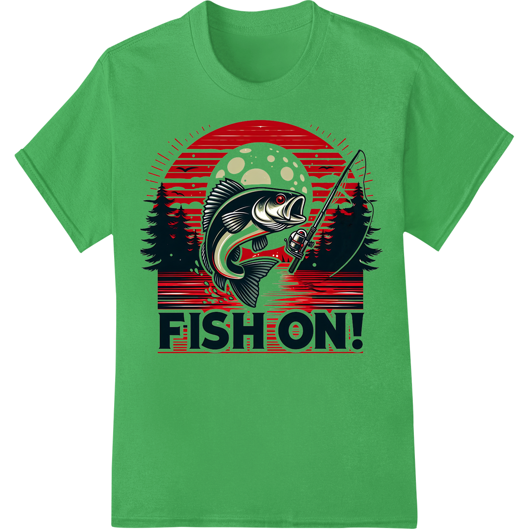 Reel in Compliments: Eye-Catching 'Fish On!' DTF Print on green shirt - SUPERDTF-DTF Prints-DTF Transfers-Custom DTF Prints