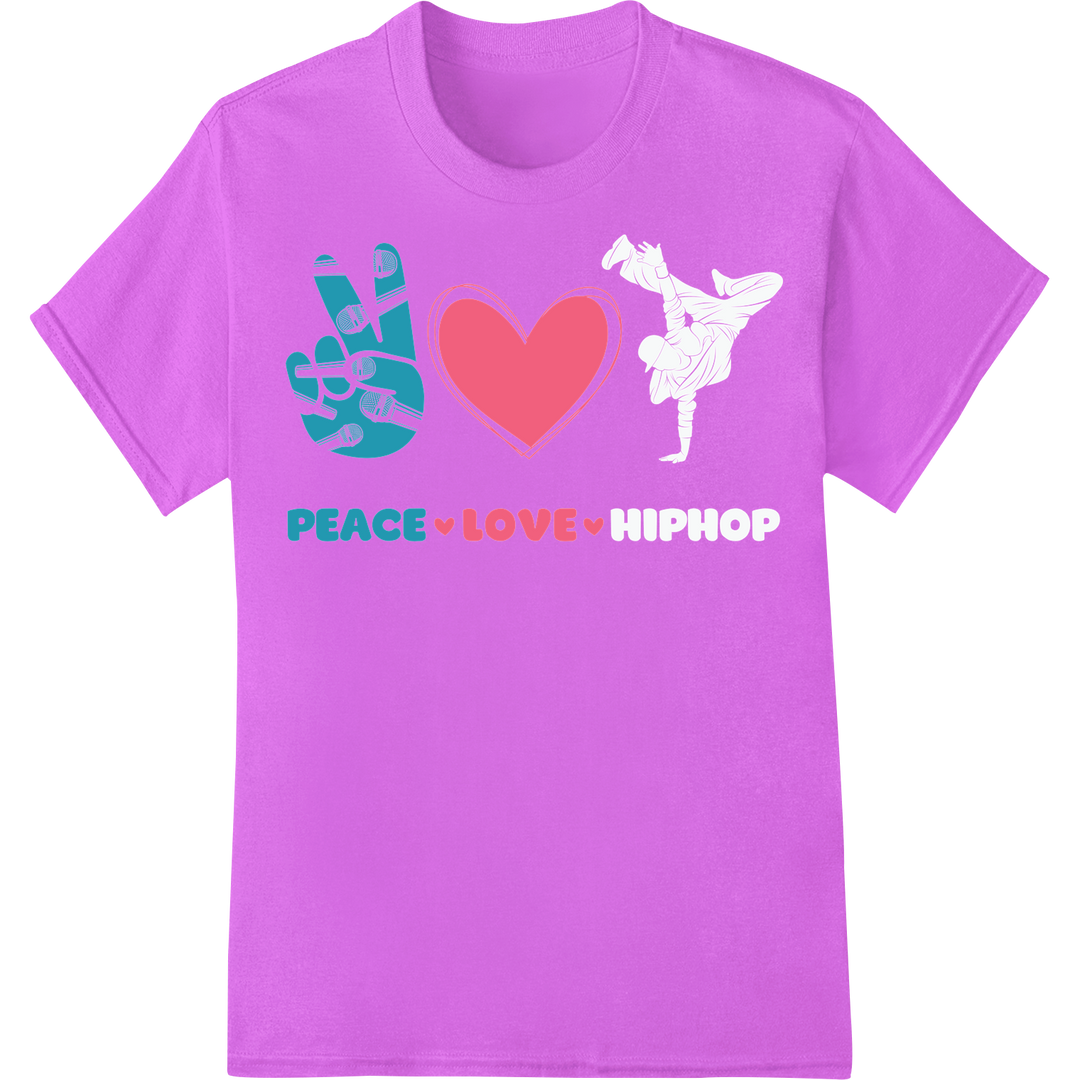 Retro 'Peace Love' Pink Heart Hip-Hop DTF Print Transfer on purple shirt - SUPERDTF-DTF Prints-DTF Transfers-Custom DTF Prints