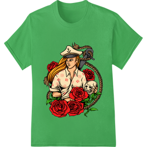 Cutting-edge innovative apparel printing featured on Pinup Girl Tattoo with Red Roses - Edgy Valentine's Day DTF Print