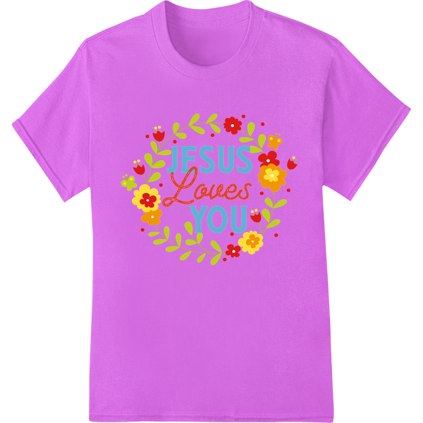 Vibrant Floral 'JESUS Loves YOU' Inspirational DTF Print on purple shirt - SUPERDTF-DTF Prints-DTF Transfers-Custom DTF Prints