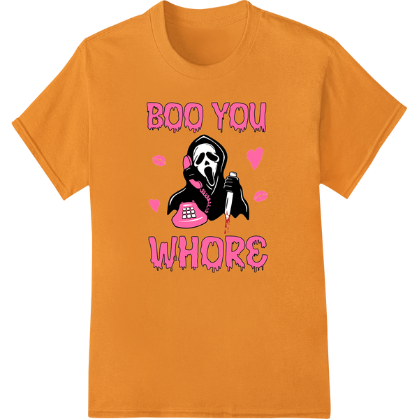 Hilarious 'Boo You Whore' Ghostface Halloween DTF Print on orange shirt - SUPERDTF-DTF Prints-DTF Transfers-Custom DTF Prints