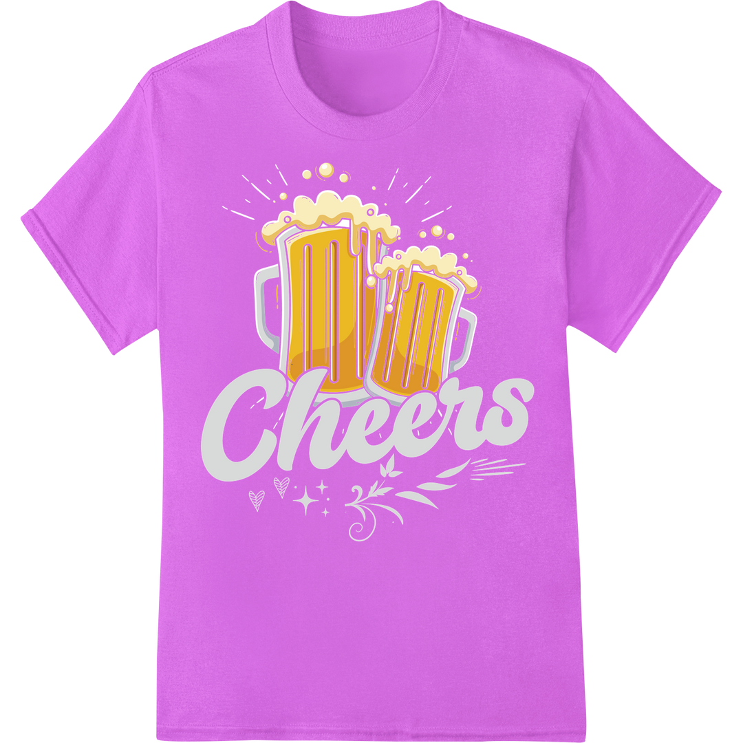 Raise a Toast: Bold 'Cheers' DTF Heat Transfer Print on purple shirt - SUPERDTF-DTF Prints-DTF Transfers-Custom DTF Prints