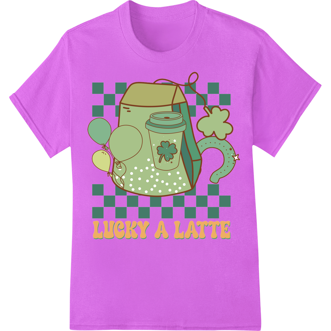 Lucky A Latte: Charming St. Patrick's Day DTF Print Transfer on purple shirt - SUPERDTF-DTF Prints-DTF Transfers-Custom DTF Prints