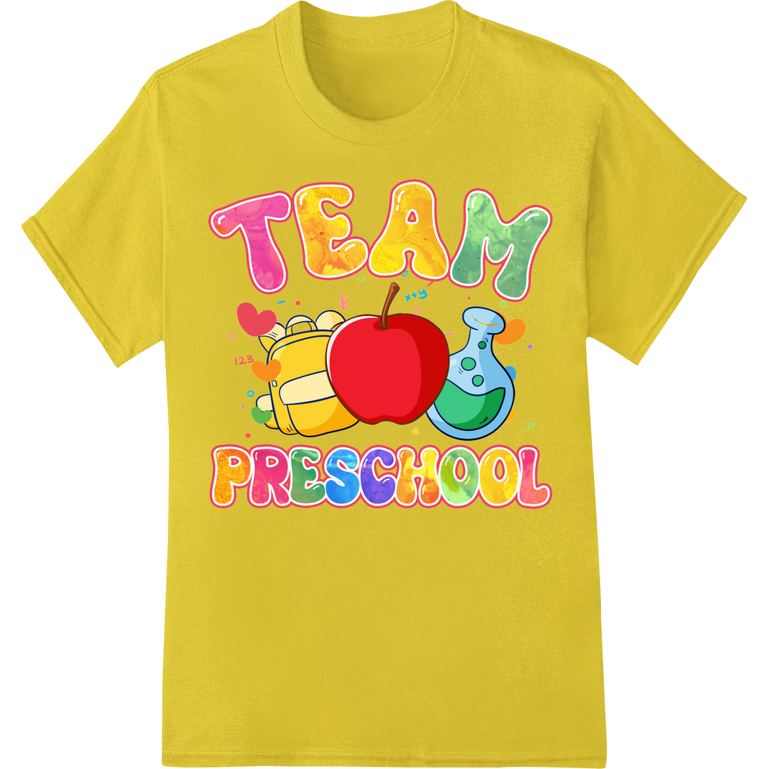 Cheerful 'TEAM PRESCHOOL' First Day of School DTF Print on yellow shirt - SUPERDTF-DTF Prints-DTF Transfers-Custom DTF Prints