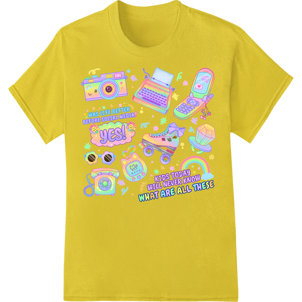 Retro Tech Nostalgia: Playful Pastel DTF Heat Transfer on yellow shirt - SUPERDTF-DTF Prints-DTF Transfers-Custom DTF Prints