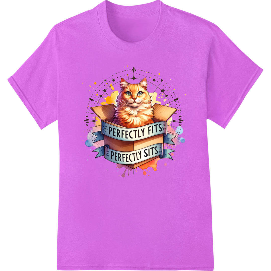 Purrfectly Fits, Purrfectly Sits - Hilarious Cat DTF Print on purple shirt - SUPERDTF-DTF Prints-DTF Transfers-Custom DTF Prints