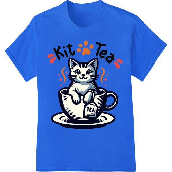 Adorable 'Kit Tea' Cat Pun DTF Print Heat Transfer | Funny on blue shirt - SUPERDTF-DTF Prints-DTF Transfers-Custom DTF Prints