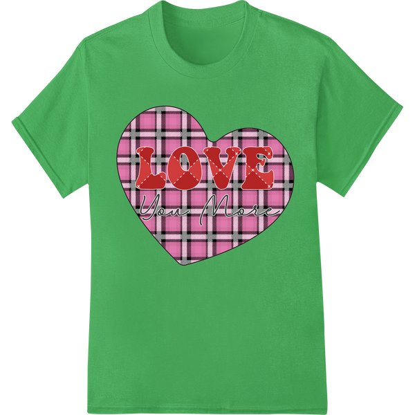 Charming 'LOVE' Pink Plaid Valentine's Day DTF Heat Transfer on green shirt - SUPERDTF-DTF Prints-DTF Transfers-Custom DTF Prints