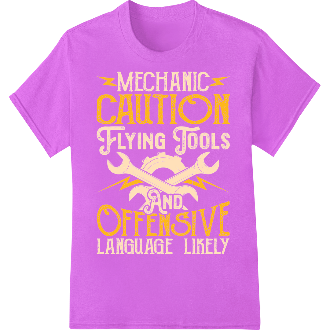 Mechanic Warning: Fly Tools & Offensive Language | DTF Print on purple shirt - SUPERDTF-DTF Prints-DTF Transfers-Custom DTF Prints