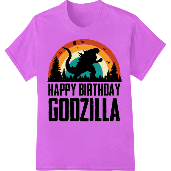 Retro Godzilla Birthday Bash DTF Print Heat Transfer on purple shirt - SUPERDTF-DTF Prints-DTF Transfers-Custom DTF Prints