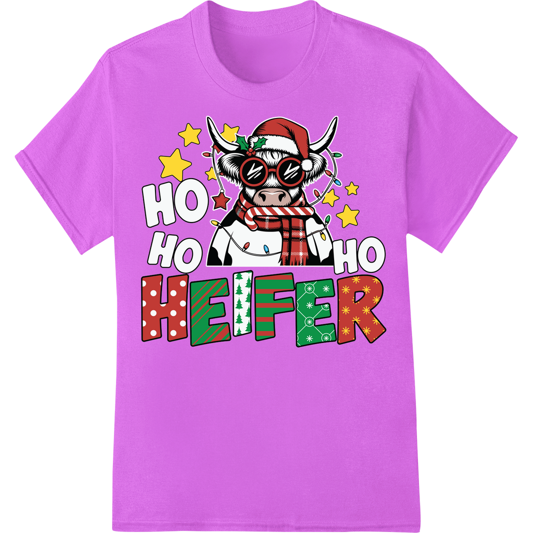 HO HO HEIFER: Festive Farm Christmas DTF Heat Transfer on purple shirt - SUPERDTF-DTF Prints-DTF Transfers-Custom DTF Prints