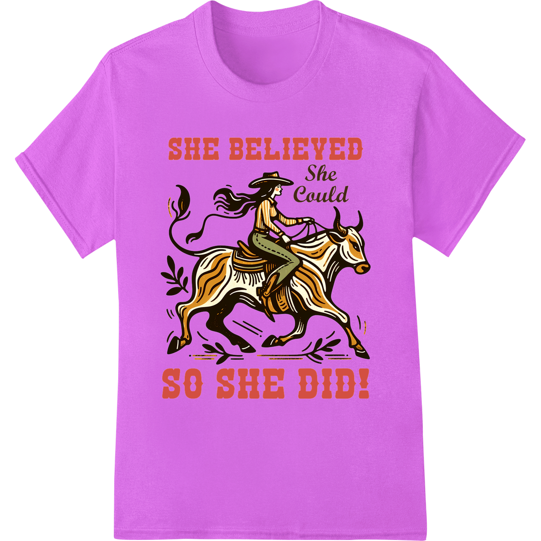 Inspirational Horse DTF Print: She Believed She Could on purple shirt - SUPERDTF-DTF Prints-DTF Transfers-Custom DTF Prints