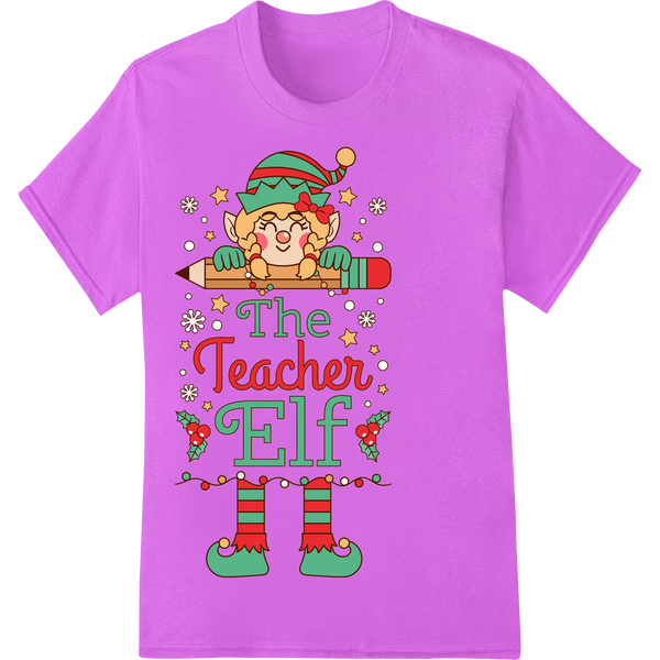 Adorable Teacher Elf DTF Print | Fun Christmas Gift Idea on purple shirt - SUPERDTF-DTF Prints-DTF Transfers-Custom DTF Prints