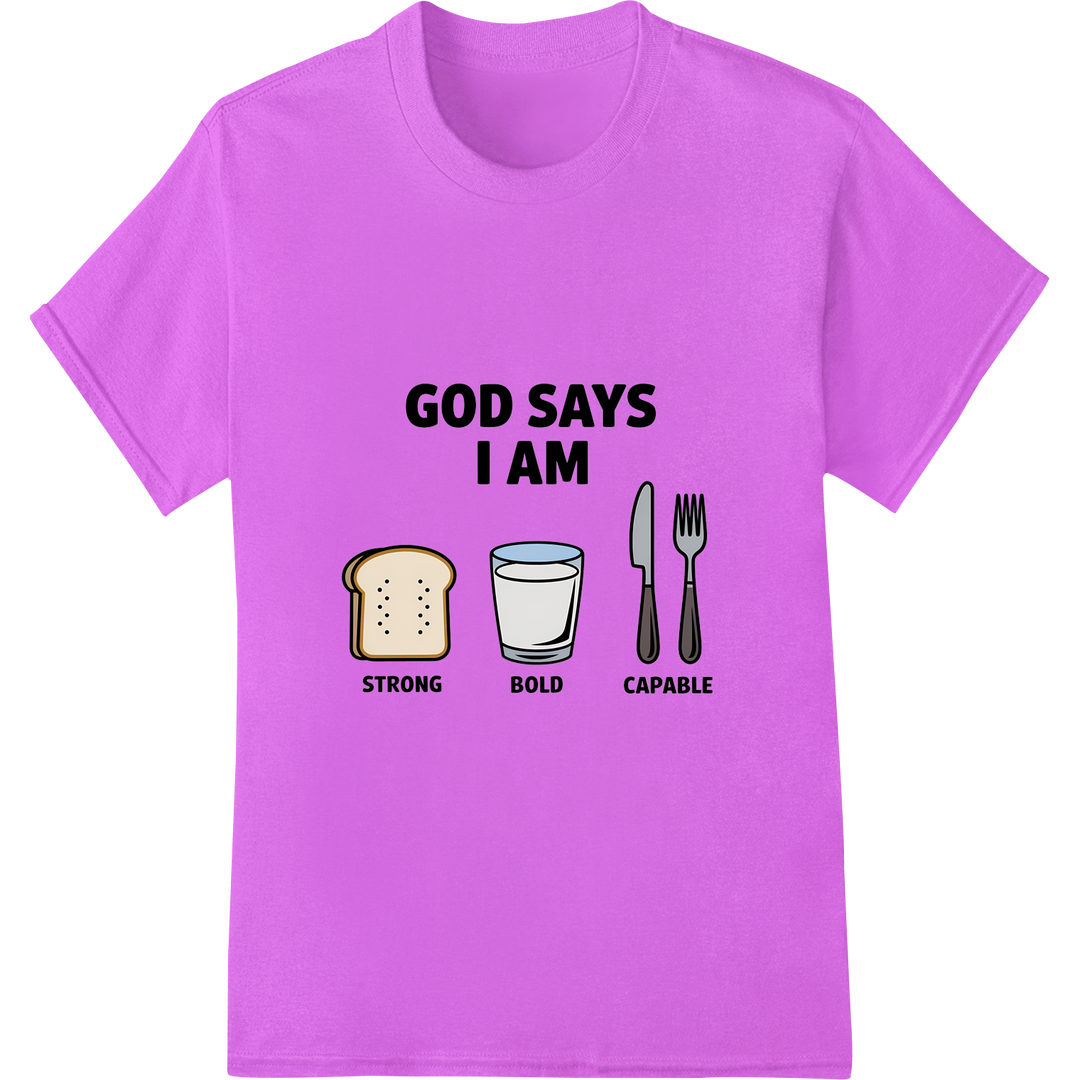 Empowering Faith DTF Print: God Says I Am Strong Bold Capable on purple shirt - SUPERDTF-DTF Prints-DTF Transfers-Custom DTF Prints