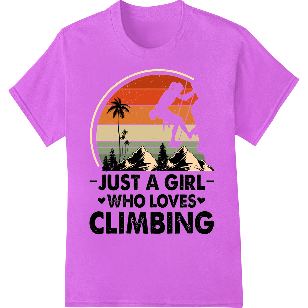 Retro 'Just a Girl Who Loves Climbing' DTF Print Transfer on purple shirt - SUPERDTF-DTF Prints-DTF Transfers-Custom DTF Prints