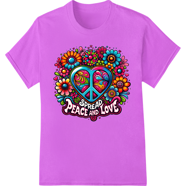 Groovy 'Spread Peace and Love' Psychedelic DTF Print Transfer on purple shirt - SUPERDTF-DTF Prints-DTF Transfers-Custom DTF Prints