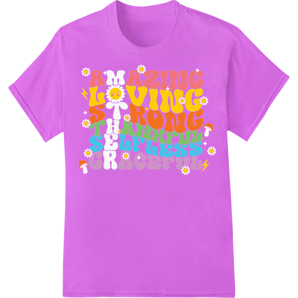 Retro Rainbow 'Loving Caring Strong Mom' DTF Print Transfer on purple shirt - SUPERDTF-DTF Prints-DTF Transfers-Custom DTF Prints