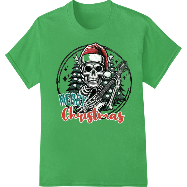 Rockin' Skeleton Santa DTF Print | Edgy Christmas Style on green shirt - SUPERDTF-DTF Prints-DTF Transfers-Custom DTF Prints