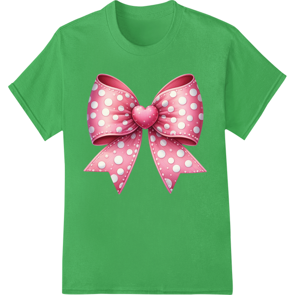 Flirty Valentine's Pink Polka Dot Bow DTF Print Transfer on green shirt - SUPERDTF-DTF Prints-DTF Transfers-Custom DTF Prints