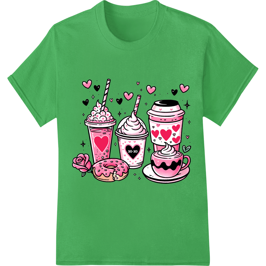 Adorable Valentine's Coffee Cups DTF Print Heat Transfer on green shirt - SUPERDTF-DTF Prints-DTF Transfers-Custom DTF Prints