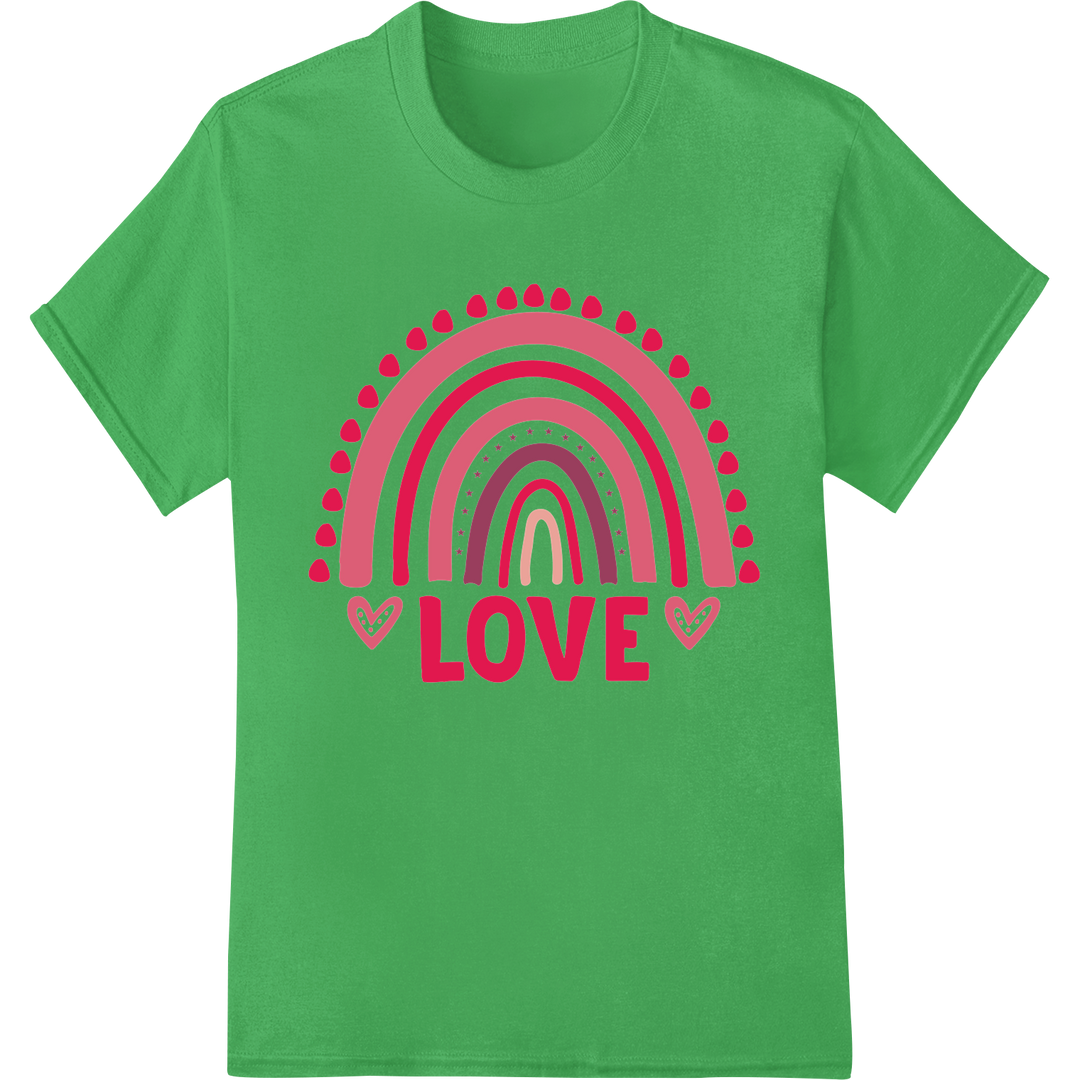 Rainbow Love: Vibrant Valentine's Day DTF Print Transfer on green shirt - SUPERDTF-DTF Prints-DTF Transfers-Custom DTF Prints