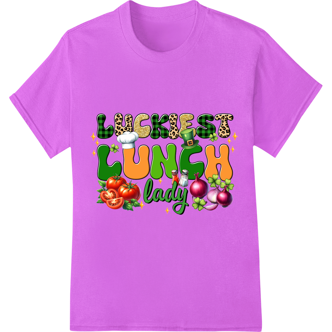 Lucky Lunch Lady: Festive St. Patrick's Day DTF Print on purple shirt - SUPERDTF-DTF Prints-DTF Transfers-Custom DTF Prints