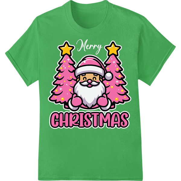 Playful Pink Santa Christmas DTF Print Heat Transfer on green shirt - SUPERDTF-DTF Prints-DTF Transfers-Custom DTF Prints