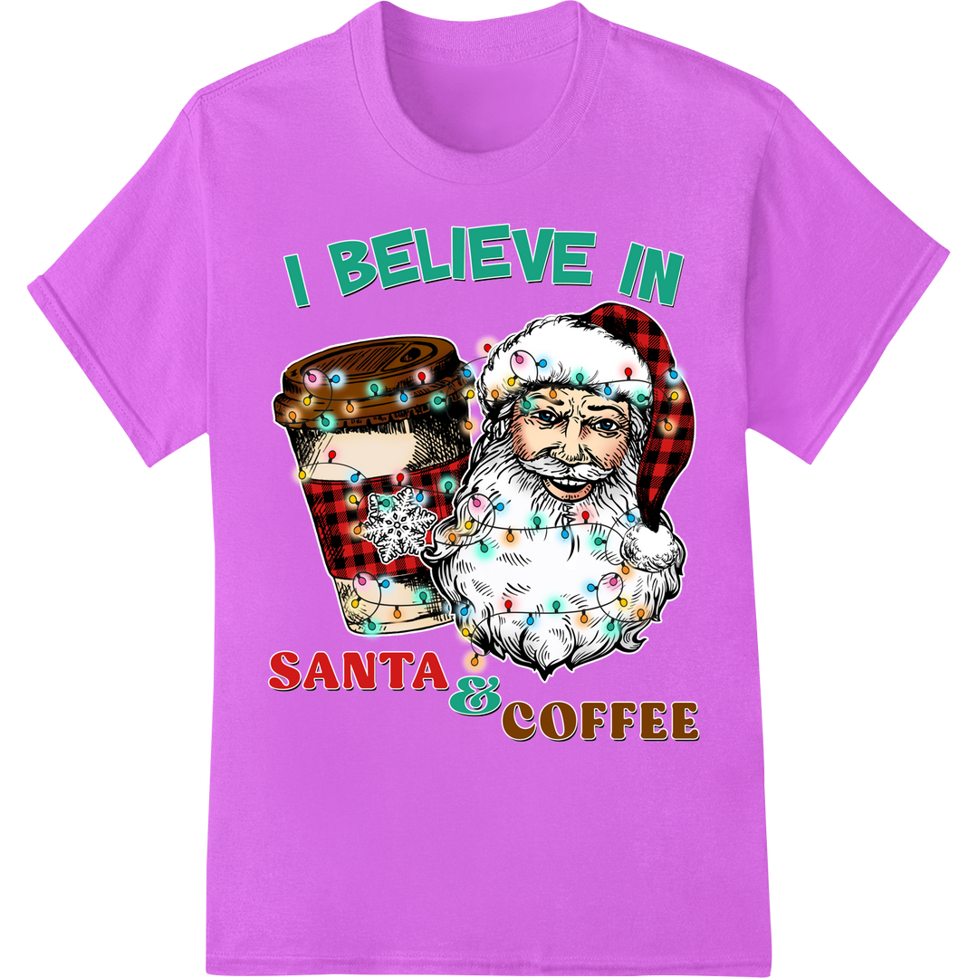 I Believe in Santa & Coffee Western Christmas DTF Print on purple shirt - SUPERDTF-DTF Prints-DTF Transfers-Custom DTF Prints