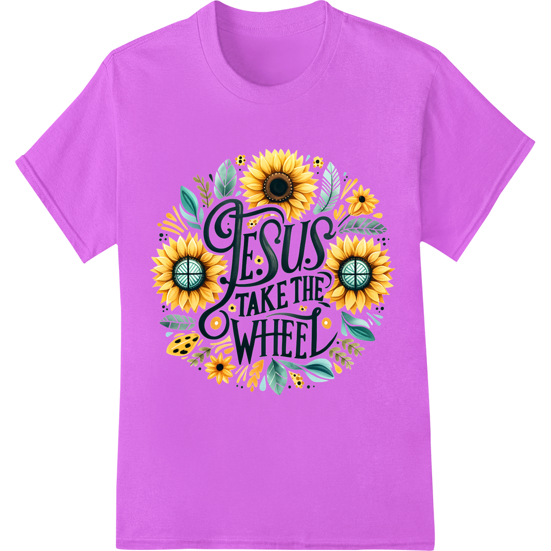 Inspiring 'Jesus Take The Wheel' Floral Christian DTF Print on purple shirt - SUPERDTF-DTF Prints-DTF Transfers-Custom DTF Prints