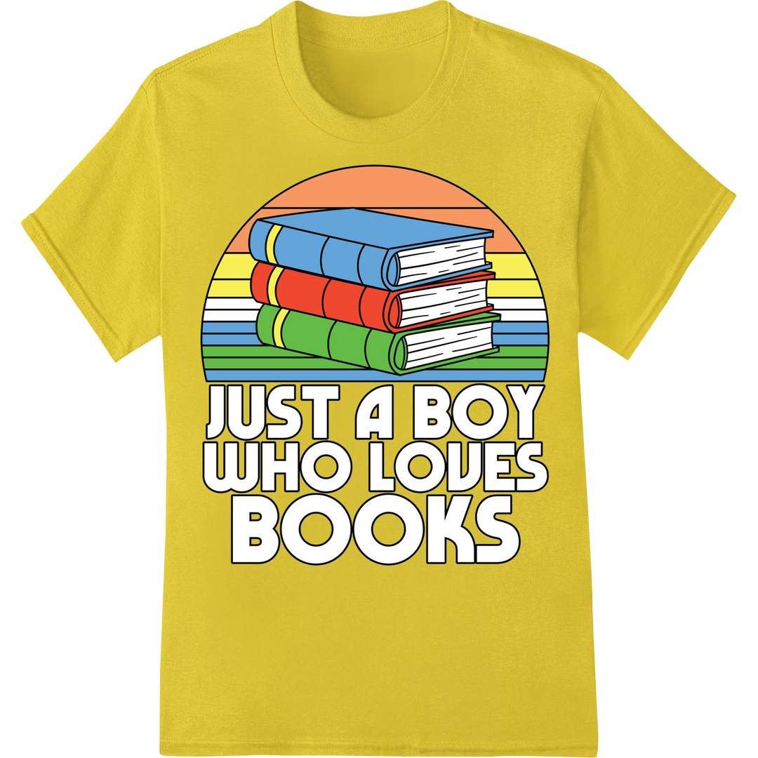 Just a Boy Who Loves Books - Colorful DTF Print Transfer on yellow shirt - SUPERDTF-DTF Prints-DTF Transfers-Custom DTF Prints