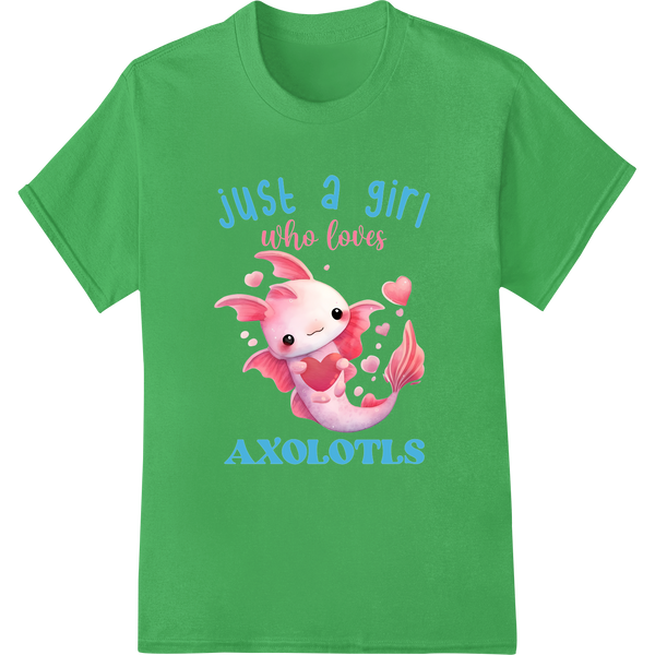 Adorable Axolotl Love: Cute Animal Valentine's Day Print on green shirt - SUPERDTF-DTF Prints-DTF Transfers-Custom DTF Prints