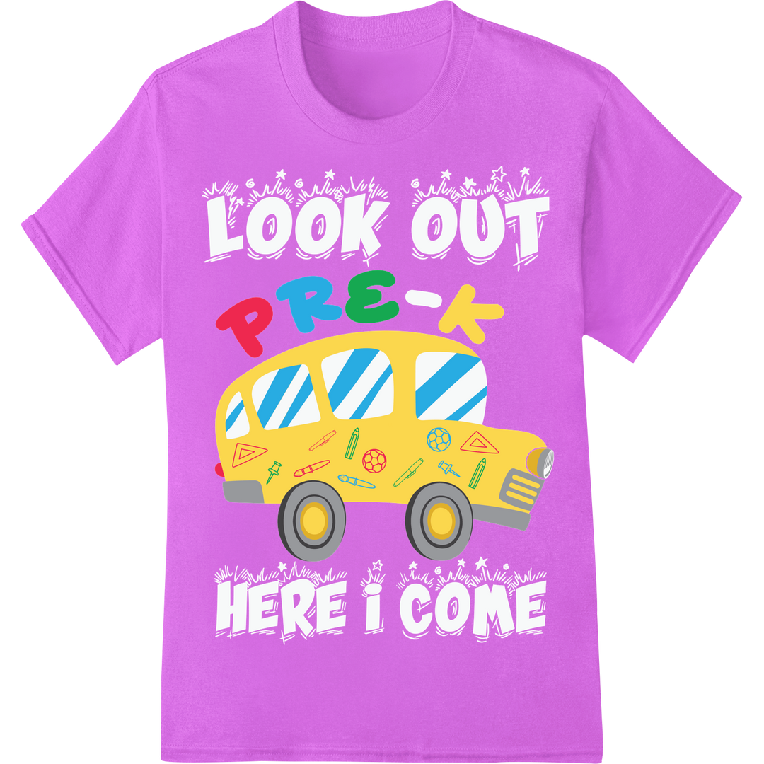 Adorable School Bus Pre-K DTF Print Heat Transfer Design on purple shirt - SUPERDTF-DTF Prints-DTF Transfers-Custom DTF Prints