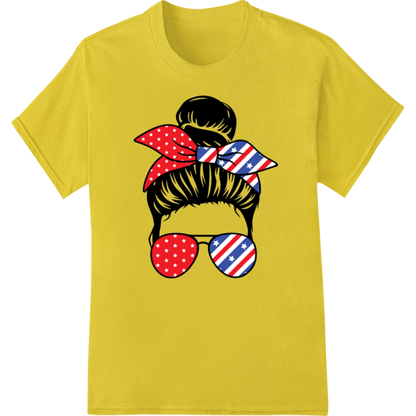 Patriotic Messy Bun Sunglasses - 4th of July DTF Print on yellow shirt - SUPERDTF-DTF Prints-DTF Transfers-Custom DTF Prints