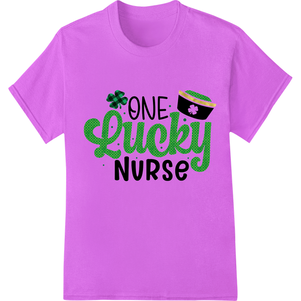 Green t-shirt design with text 'ONE Lucky NURSE' and a four-leaf clover, perfect for St. Patrick's Day custom apparel.