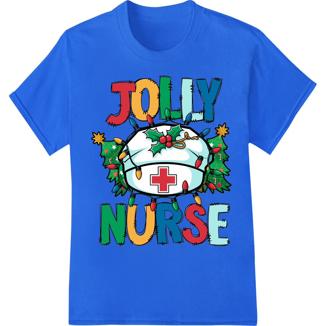 Festive 'Jolly Nurse' DTF Print Heat Transfer | Christmas Cheer on blue shirt - SUPERDTF-DTF Prints-DTF Transfers-Custom DTF Prints